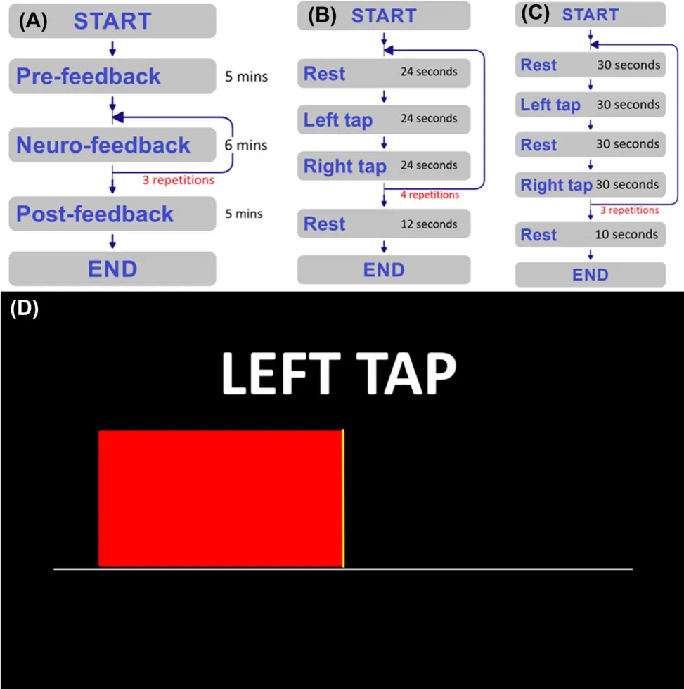 FIG 1 Experimental design for the functional MRI (fMRI) scans. (A) Order and duration of all five fMRI scans, (B) block design for pre and postfeedback scans, (C) block design for three neurofeedback scans, and (D) exemplary feedback screen that participants saw during a neurofeedback scan. On panel (D), “LEFT TAP” represents the instruction text for the condition block and red rectangular bar width is continuously updated based on the lateralization index